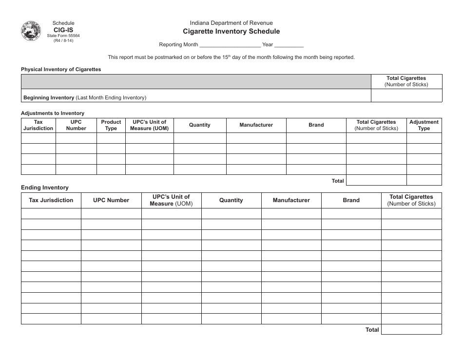 State Form 55564 (CIG-M) Schedule CIG-IS Cigarette Inventory Schedule - Indiana, Page 1