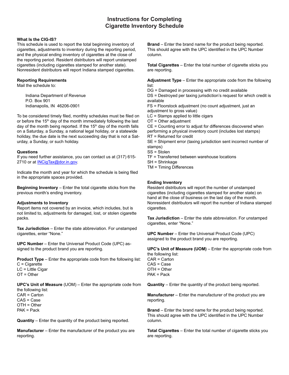 State Form 55564 (CIG-M) Schedule CIG-IS Cigarette Inventory Schedule - Indiana, Page 2