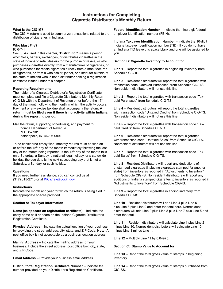 Form CIG-M (State Form 53417) Cigarette Distributors Monthly Return - Indiana, Page 2