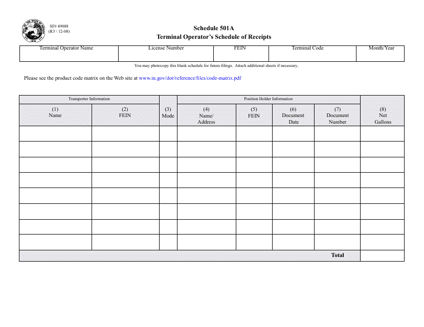 State Form 49088 Schedule 501A Terminal Operator's Schedule of Receipts - Indiana
