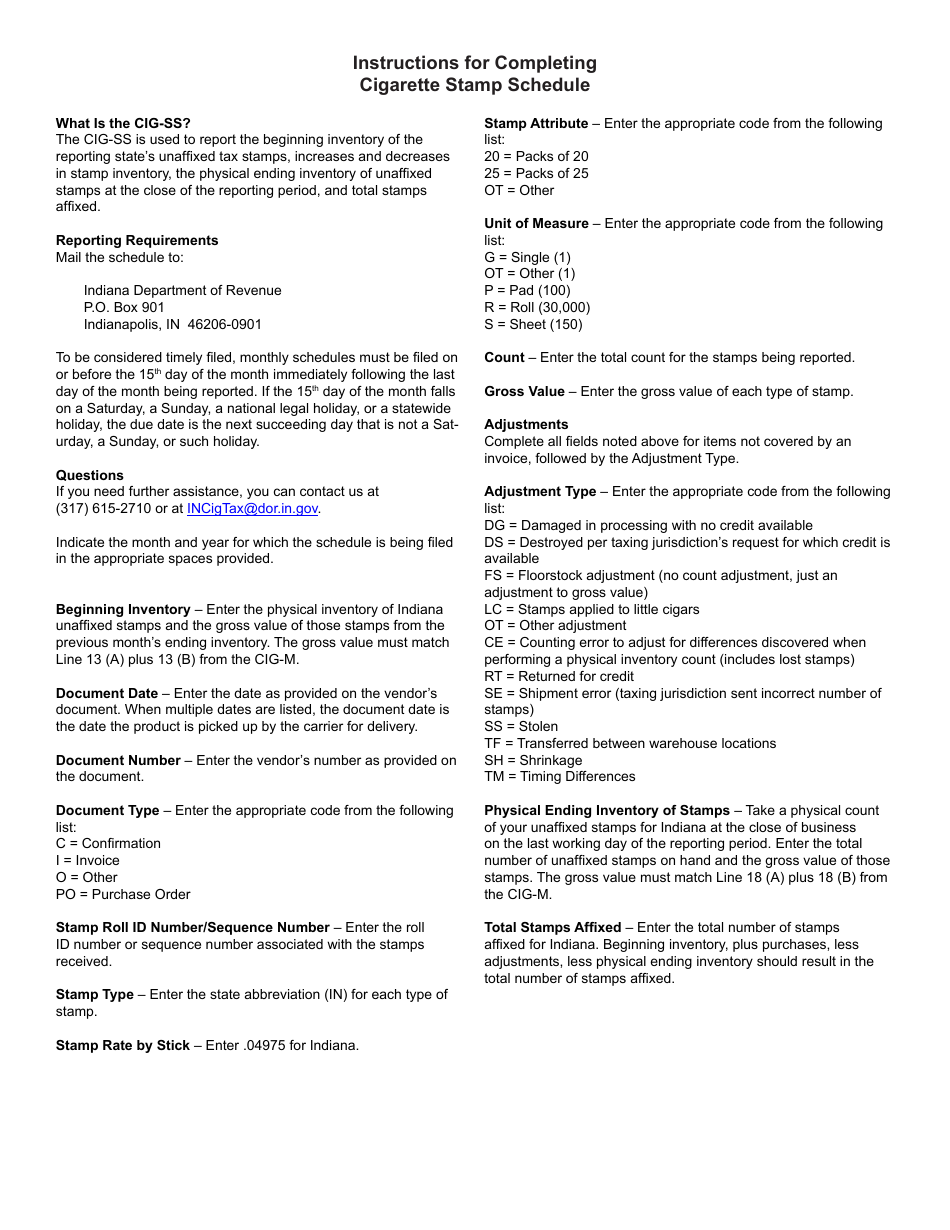 State Form 55566 (CIG-M) Schedule CIG-SS Cigarette Stamp Schedule - Indiana, Page 2