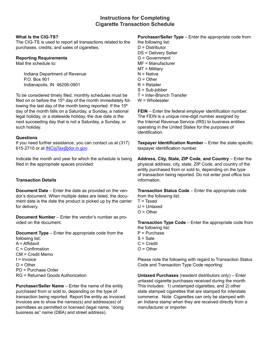 State Form 55565 Schedule CIG-TS Cigarette Transaction Schedule - Indiana, Page 2