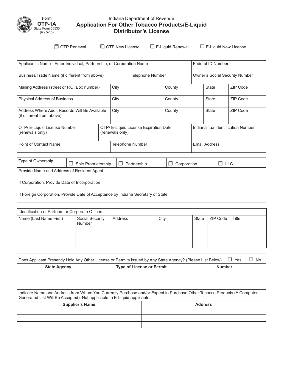 Form OTP-1A (State Form 55535) Application for Other Tobacco Products Distributors License - Indiana, Page 1