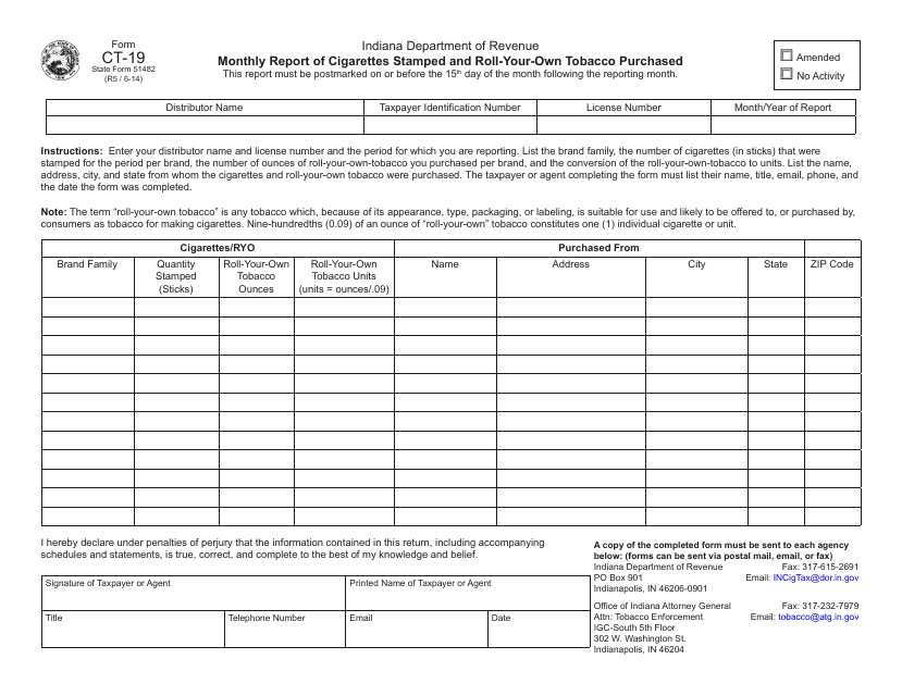 Form CT-19 (State Form 51482) Monthly Report of Cigarettes Stamped and Roll-Your-Own Tobacco Purchased - Indiana
