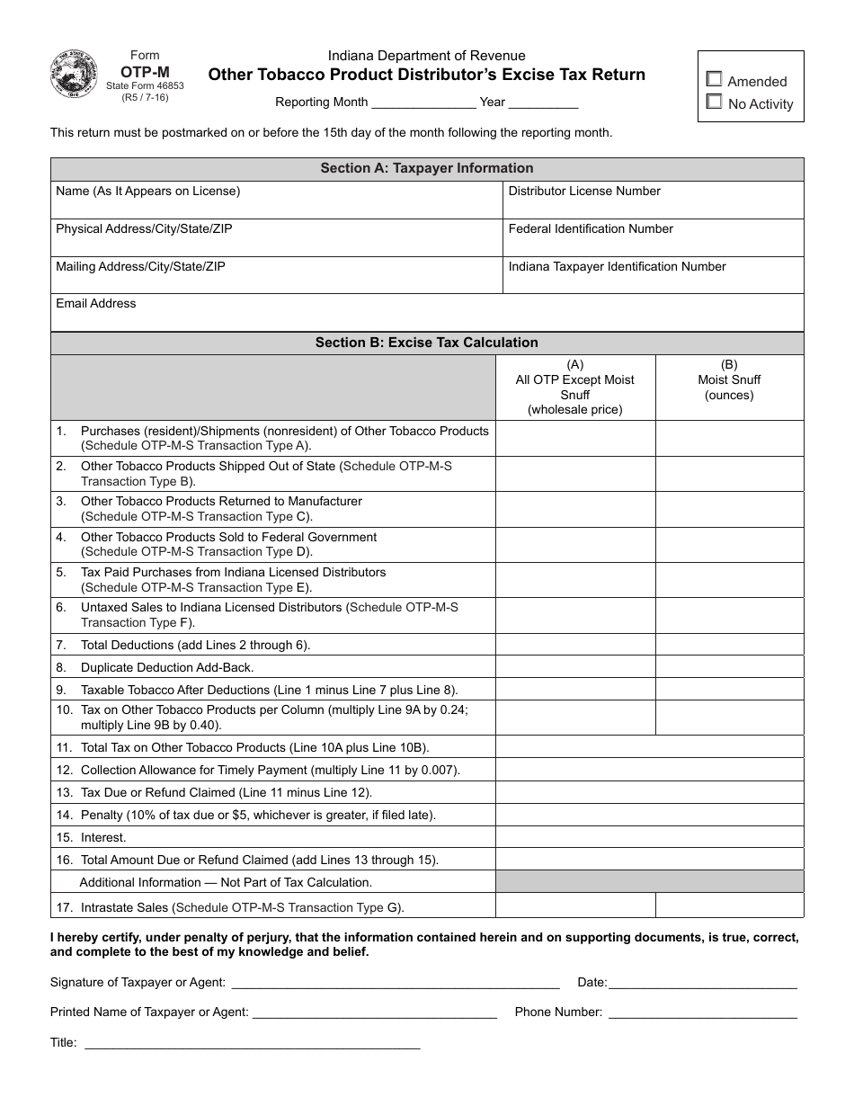 Form OTP-M (State Form 46853) Other Tobacco Product Distributors Excise Tax Return - Indiana, Page 1