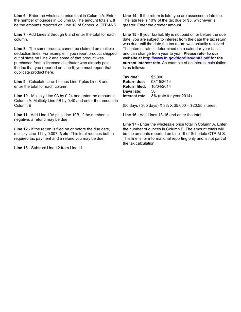 Form OTP-M (State Form 46853) Other Tobacco Product Distributors Excise Tax Return - Indiana, Page 3