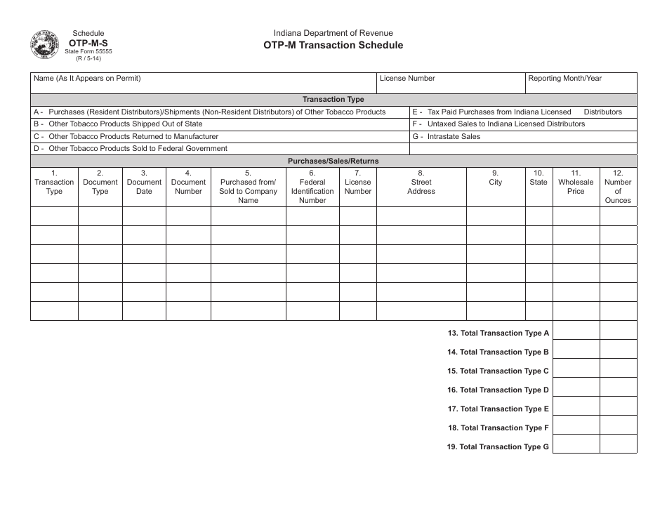 Form OTP-M (State Form 55555) Schedule OTP-M-S Otp-M Transaction Schedule - Indiana, Page 1