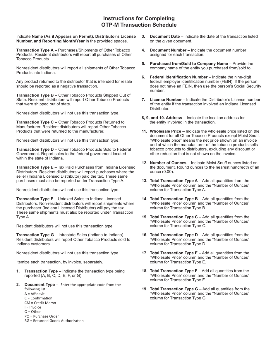 Form OTP-M (State Form 55555) Schedule OTP-M-S Otp-M Transaction Schedule - Indiana, Page 2