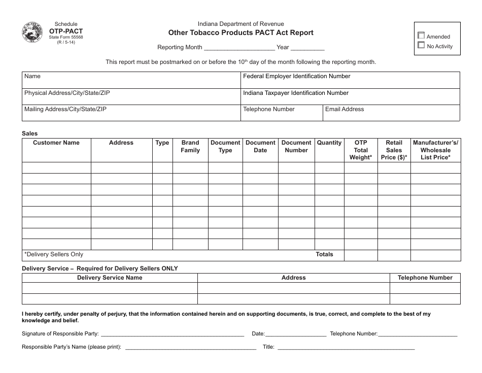 State Form 55568 Schedule OTP-PACT Other Tobacco Products Pact Act Report - Indiana, Page 1