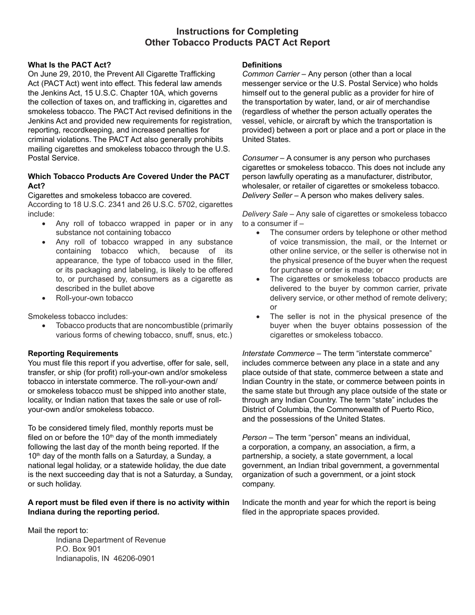 State Form 55568 Schedule OTP-PACT Other Tobacco Products Pact Act Report - Indiana, Page 2