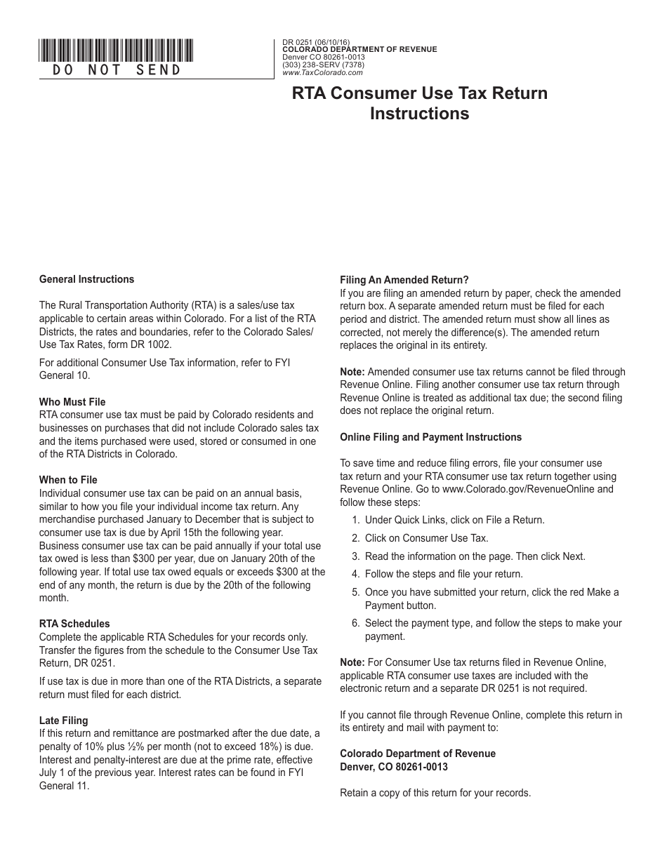 Form DR0251 Rta Consumer Use Tax Return - Colorado, Page 1