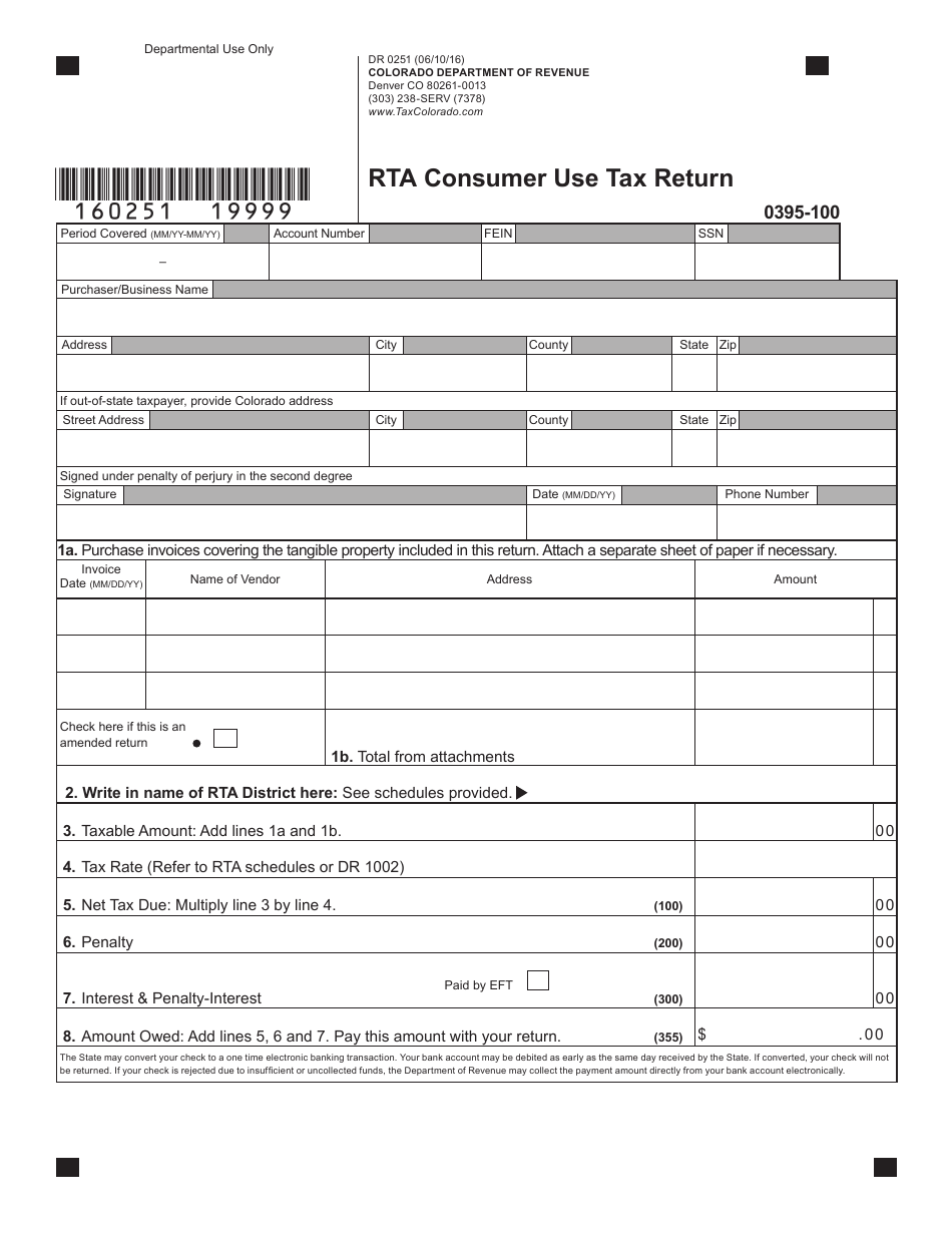 Form DR0251 Rta Consumer Use Tax Return - Colorado, Page 2