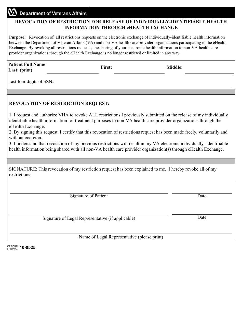 VA Form 10-0525 Revocation of Restriction for Release of Individually-Identifiable Health Information Through Ehealth Exchange, Page 1