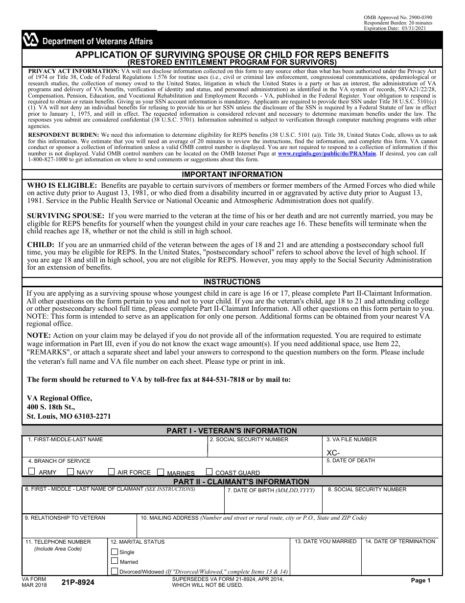 VA Form 21P-8924 Application of Surviving Spouse or Child for Reps Benefits (Restored Entitlement Program for Survivors), Page 1
