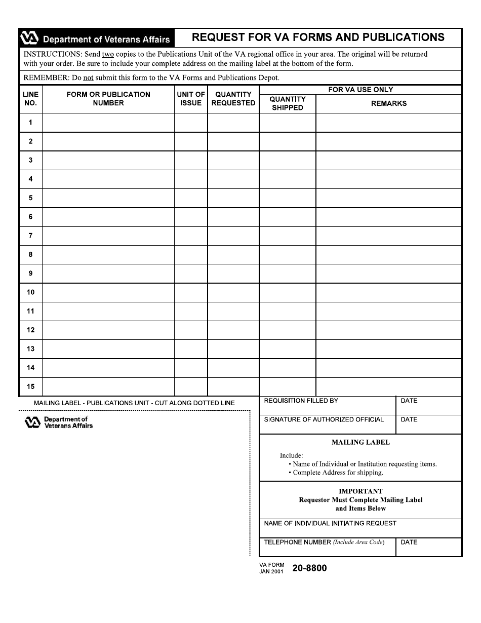 VA Form 20-8800 Request for VA Forms and Publications, Page 1
