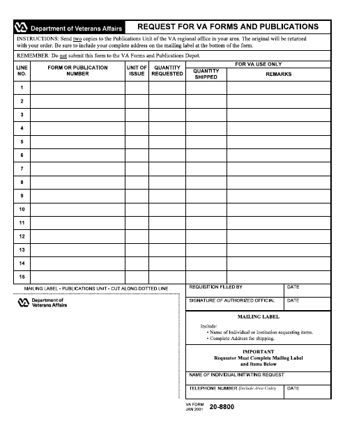VA Form 20-8800 Request for VA Forms and Publications