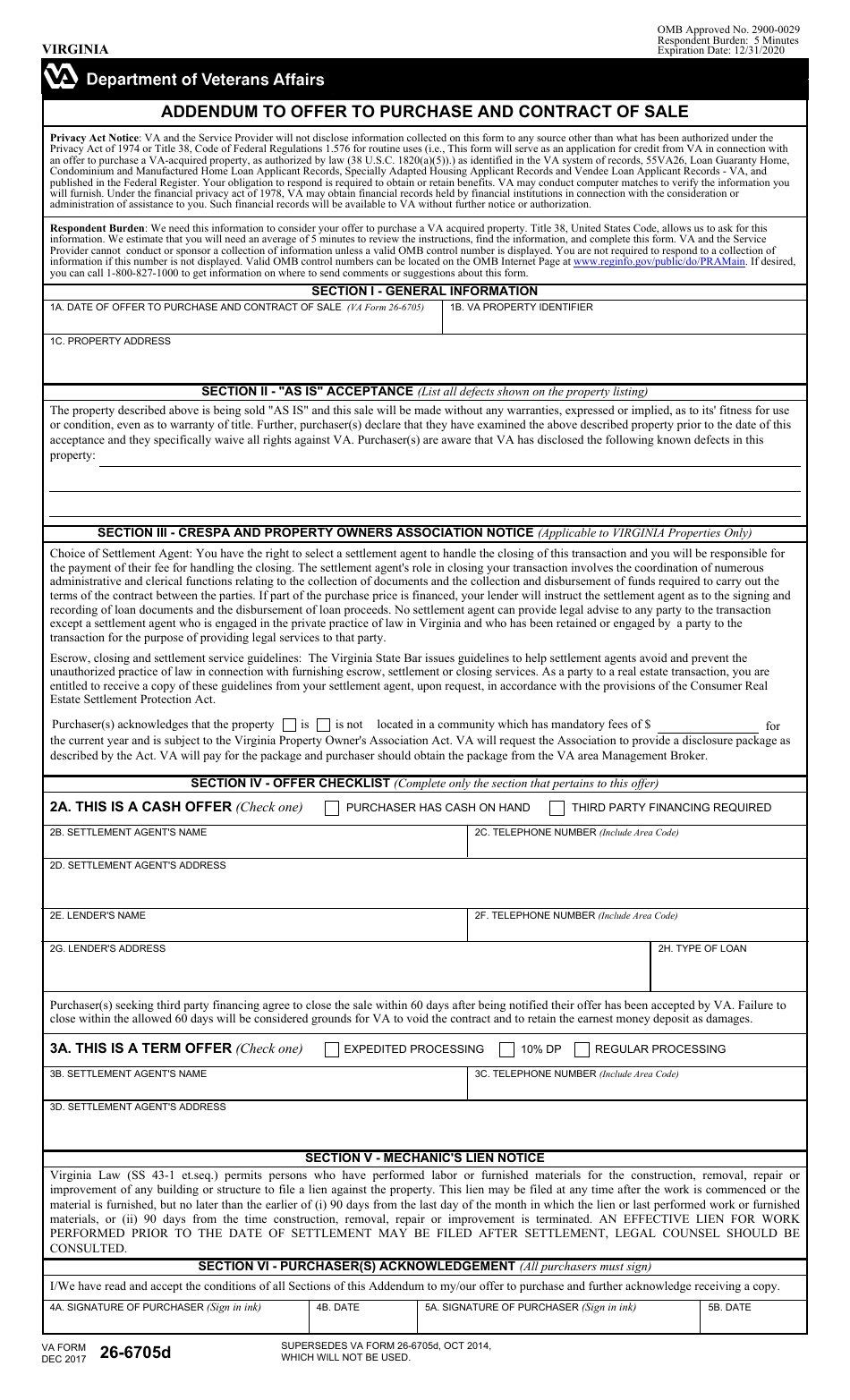 VA Form 26-6705D Addendum to Offer to Purchase and Contract of Sale, Page 1