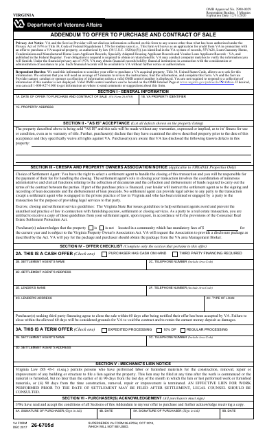 VA Form 26-6705D Addendum to Offer to Purchase and Contract of Sale