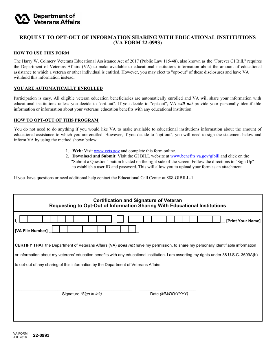 VA Form 22-0993 Request to Opt-Out of Information Sharing With Educational Institutions, Page 1
