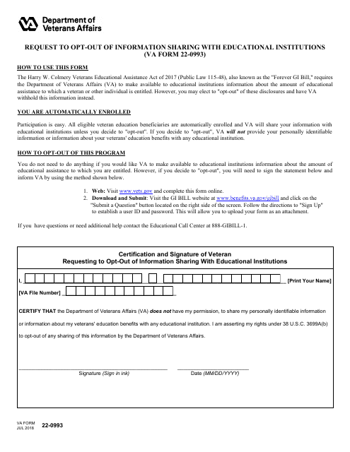 VA Form 22-0993 Request to Opt-Out of Information Sharing With Educational Institutions