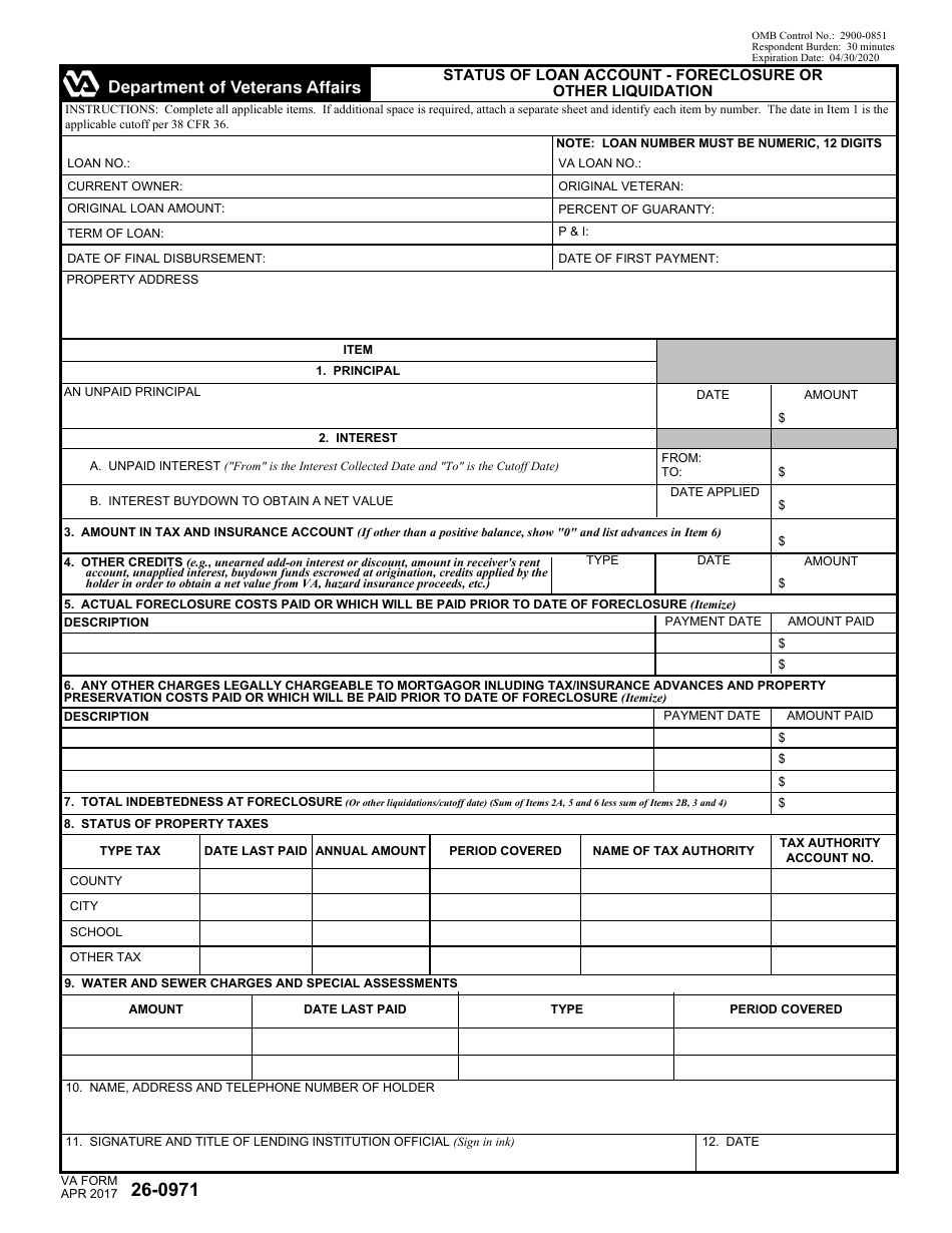 VA Form 26-0971 Status of Loan Account - Foreclosure or Other Liquidation, Page 1