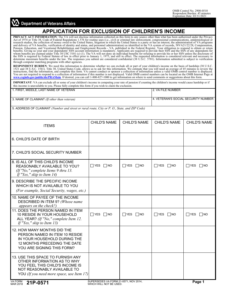 VA Form 21P-0571 Application for Exclusion of Childrens Income, Page 1