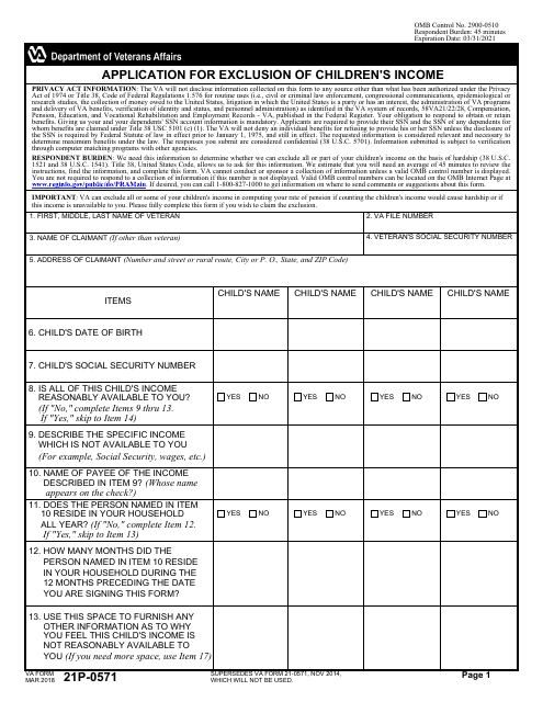 VA Form 21P-0571 Application for Exclusion of Children's Income
