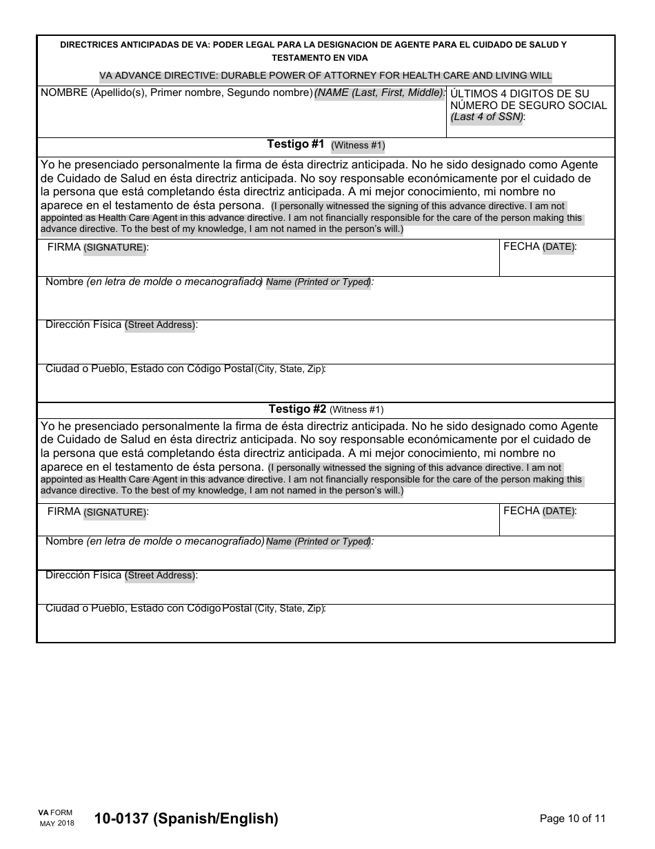 VA Form 10-0137 VA Advance Directive: Durable Power of Attorney for Health Care and Living Will (English / Spanish), Page 10