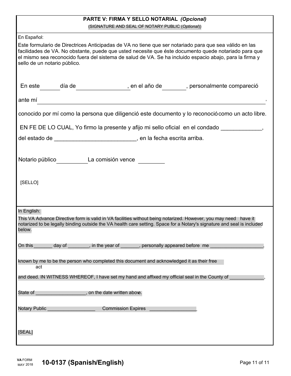 VA Form 10-0137 VA Advance Directive: Durable Power of Attorney for Health Care and Living Will (English / Spanish), Page 11