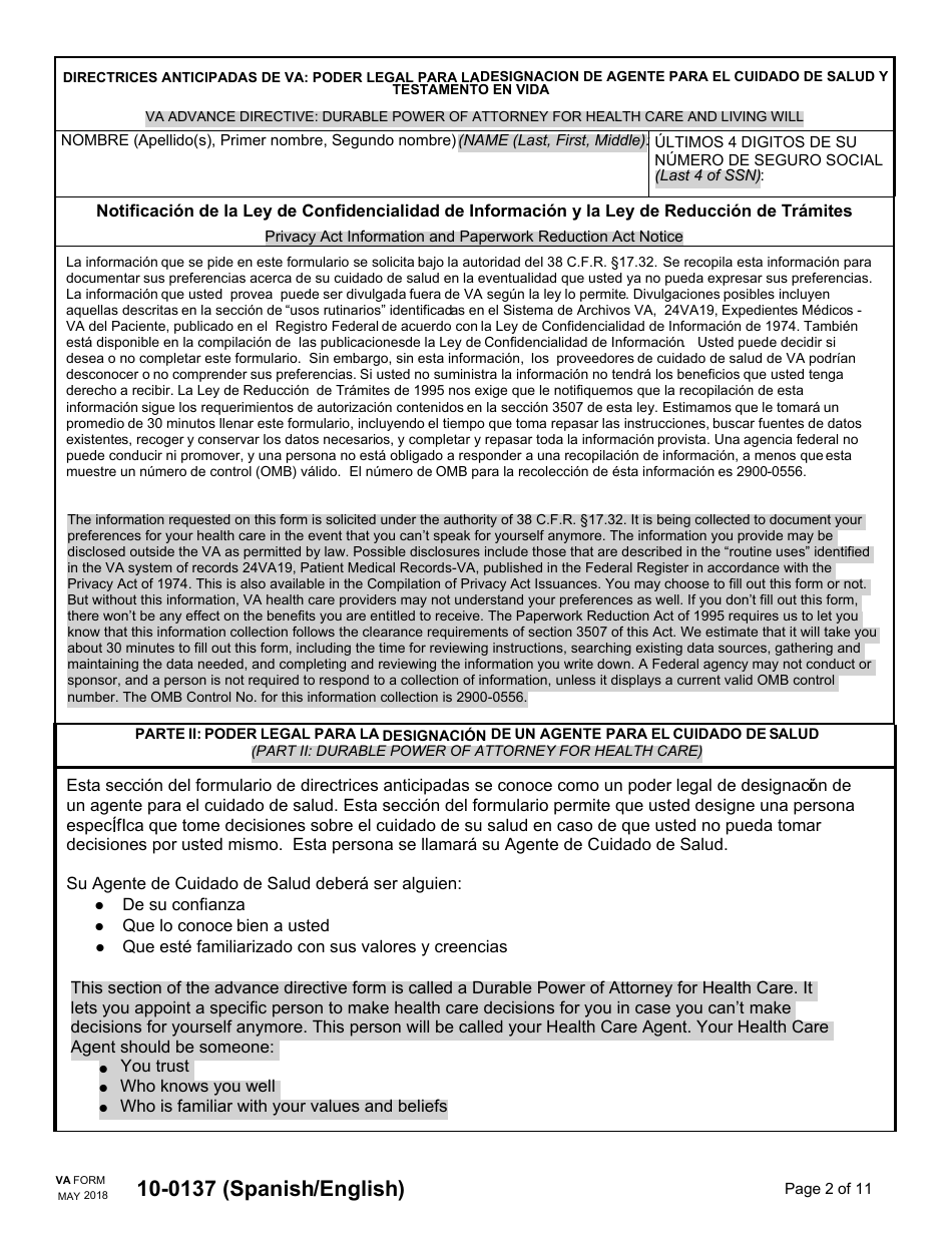 VA Form 10-0137 VA Advance Directive: Durable Power of Attorney for Health Care and Living Will (English / Spanish), Page 2