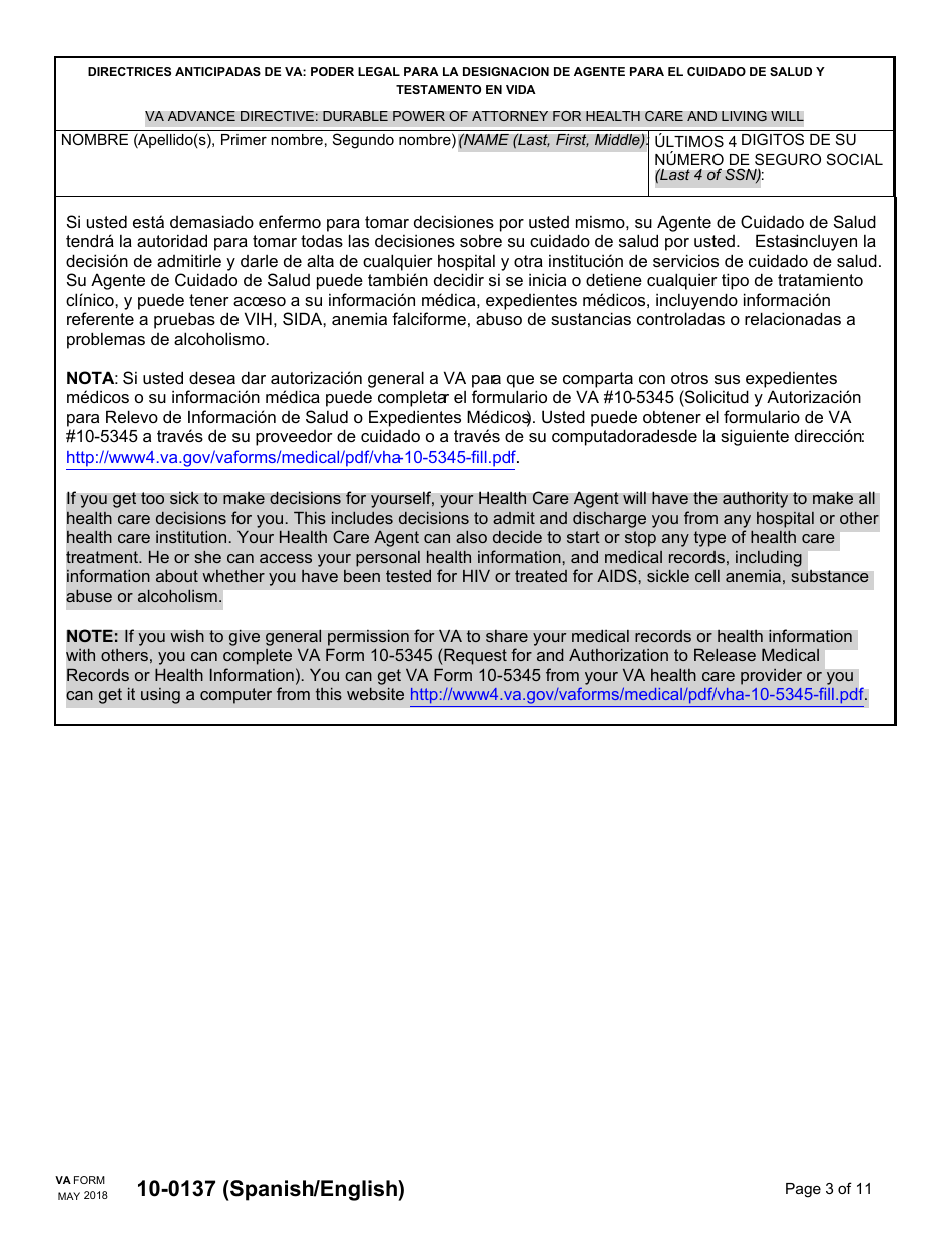 VA Form 10-0137 VA Advance Directive: Durable Power of Attorney for Health Care and Living Will (English / Spanish), Page 3