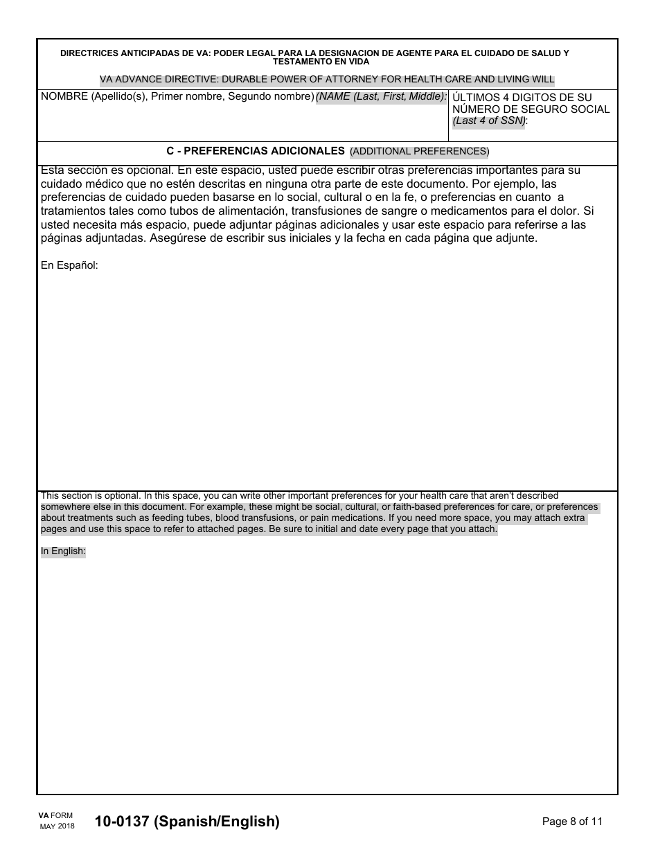 VA Form 10-0137 VA Advance Directive: Durable Power of Attorney for Health Care and Living Will (English / Spanish), Page 8