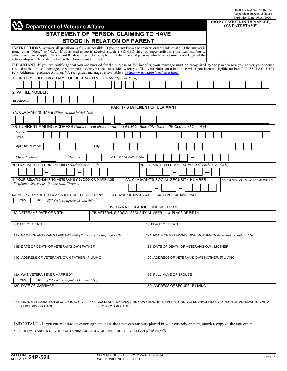 VA Form 21P-524 Statement of Person Claiming to Have Stood in Relation of Parent, Page 1