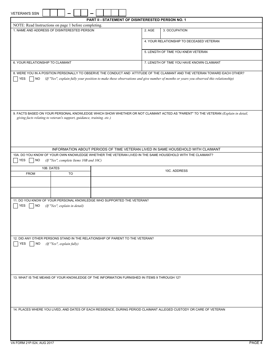 VA Form 21P-524 Statement of Person Claiming to Have Stood in Relation of Parent, Page 4