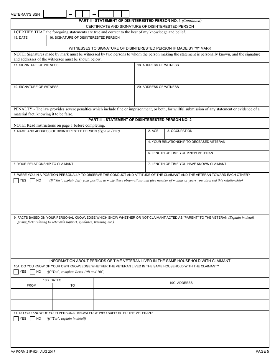 VA Form 21P-524 Statement of Person Claiming to Have Stood in Relation of Parent, Page 5