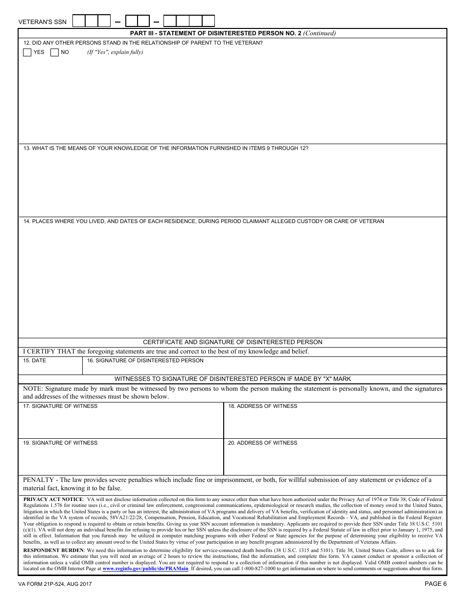 VA Form 21P-524 Statement of Person Claiming to Have Stood in Relation of Parent, Page 6
