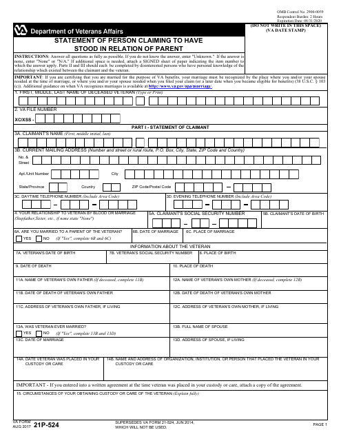 VA Form 21P-524 Statement of Person Claiming to Have Stood in Relation of Parent