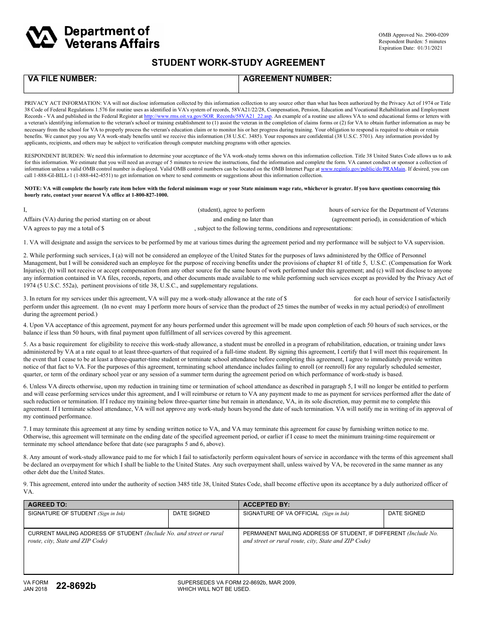 VA Form 22-8692B Student Work-Study Agreement, Page 1