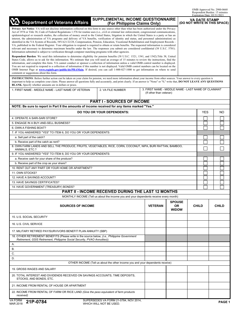 VA Form 21P-0784 Supplemental Income Questionnaire (For Philippine Claims Only), Page 1