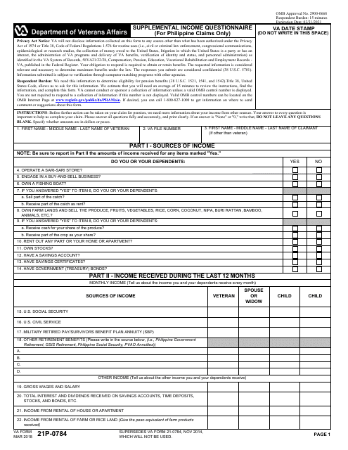 VA Form 21P-0784 Supplemental Income Questionnaire (For Philippine Claims Only)