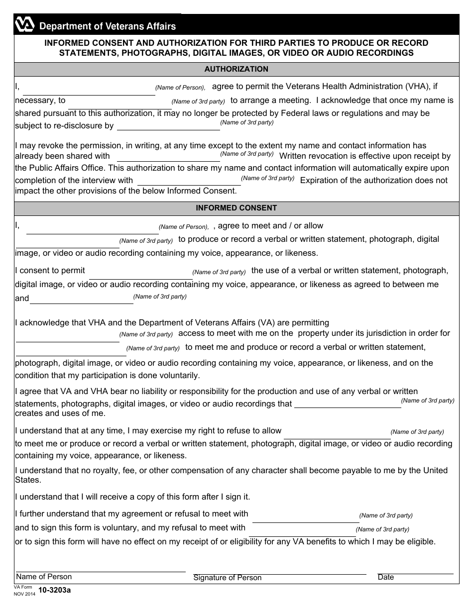 VA Form 10-3203A Informed Consent and Authorization for Third Parties to Produce or Record Statements, Photographs, Digital Images, or Video or Audio Recordings, Page 1