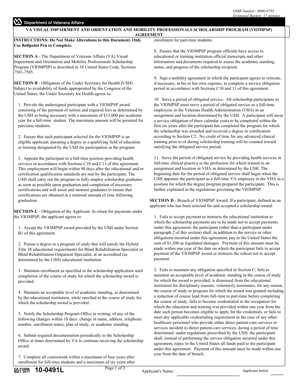 VA Form 10-0491L VA Visual Impairment and Orientation and Mobility Professionals Scholarship Program (Viompsp) Agreement, Page 1