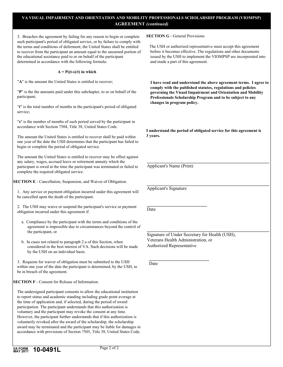 VA Form 10-0491L VA Visual Impairment and Orientation and Mobility Professionals Scholarship Program (Viompsp) Agreement, Page 2