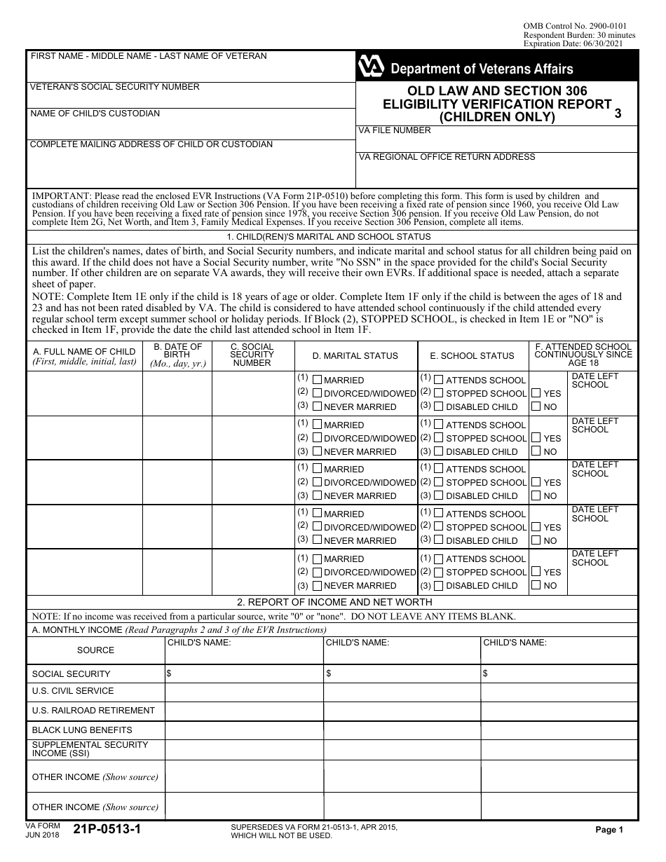 VA Form 21P-0513-1 Old Law and Section 306 Eligibility Verification Report (Children Only), Page 1