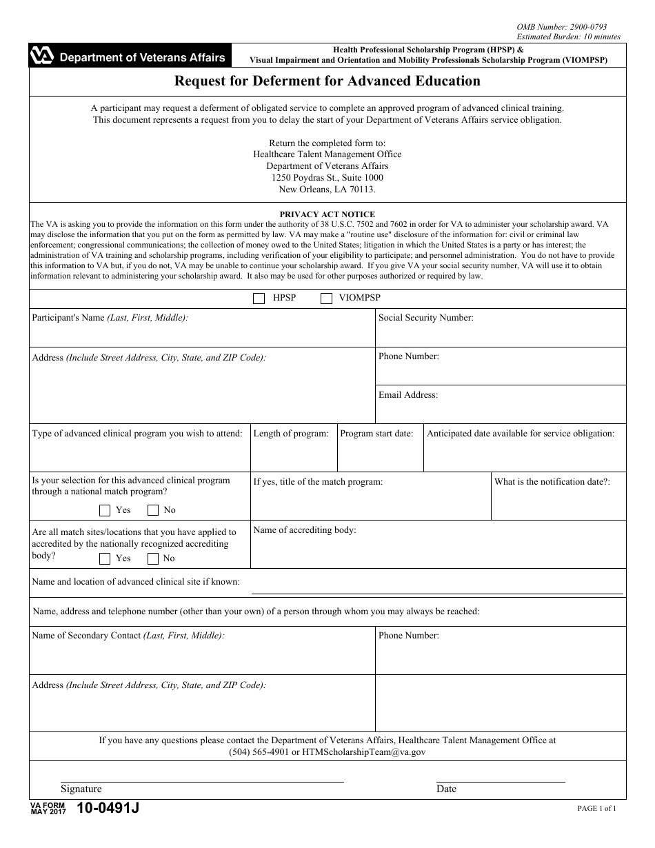 VA Form 10-0491J Request for Deferment for Advanced Education - Health Professional Scholarship Program (Hpsp)  Visual Impairment and Orientation and Mobility Professionals Scholarship Program (Viompsp), Page 1
