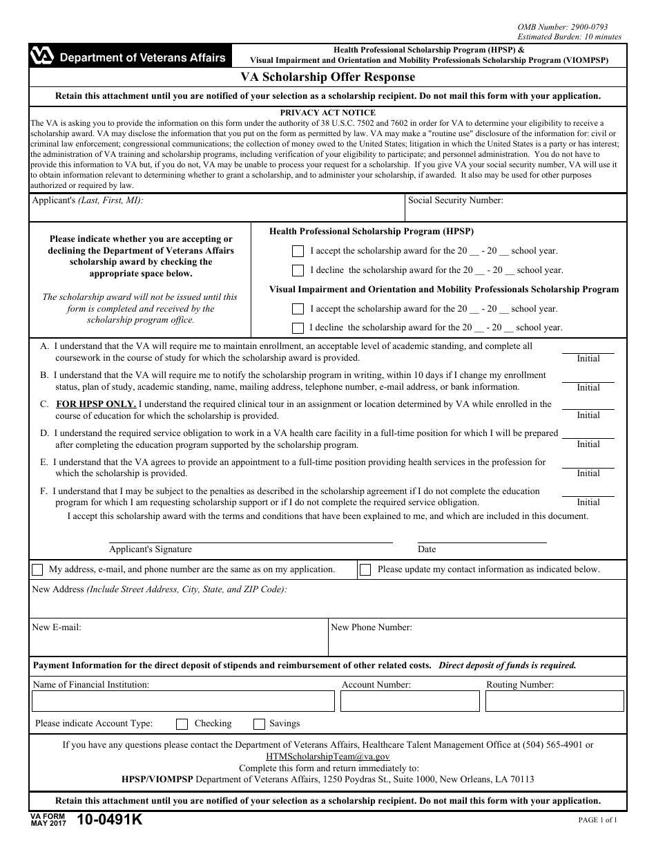 VA Form 10-0491K VA Scholarship Offer Response - Health Professional Scholarship Program (Hpsp)  Visual Impairment and Orientation and Mobility Professionals Scholarship Program (Viompsp), Page 1