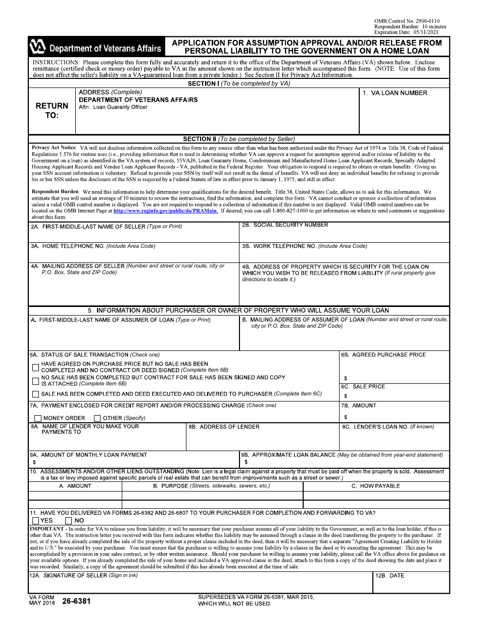 VA Form 26-6381 Application for Assumption Approval and / or Release From Personal Liability to the Government on a Home Loan, Page 1