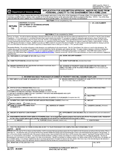 VA Form 26-6381 Application for Assumption Approval and/or Release From Personal Liability to the Government on a Home Loan