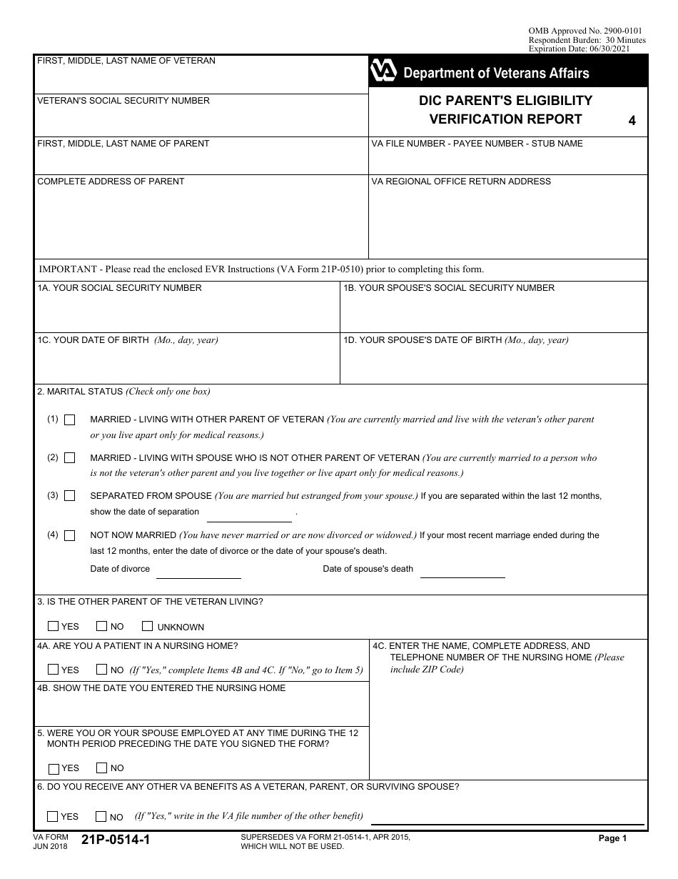 VA Form 21P-0514-1 DIC Parents Eligibility Verification Report, Page 1