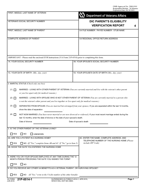 VA Form 21P-0514-1 DIC Parent's Eligibility Verification Report